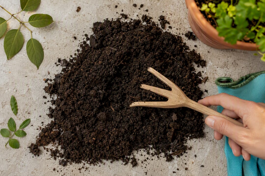 Donkere, kruimelige en rijpe compost van dichtbij