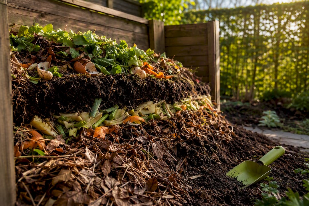 Composthoop met tuinafval in een Nederlandse tuin