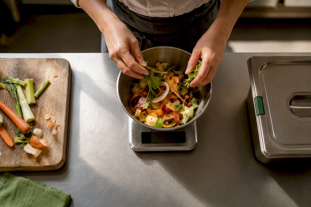 Voedselresten worden gewogen in professionele keuken