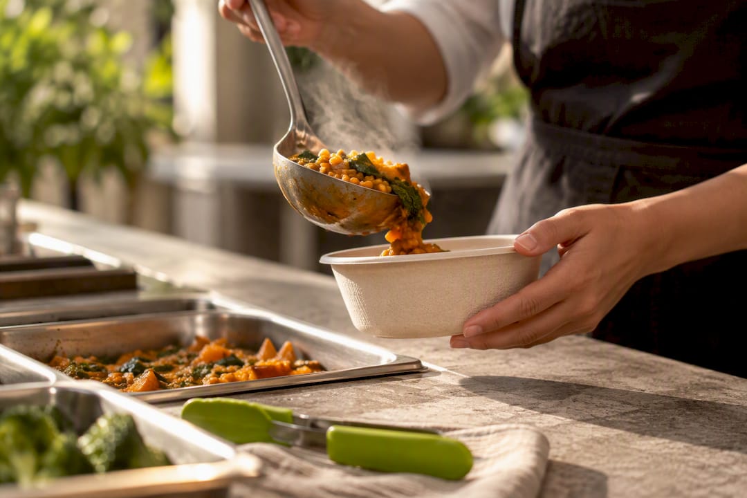 Cateringmedewerker gebruikt servies vervaardigd uit suikerrietvezels