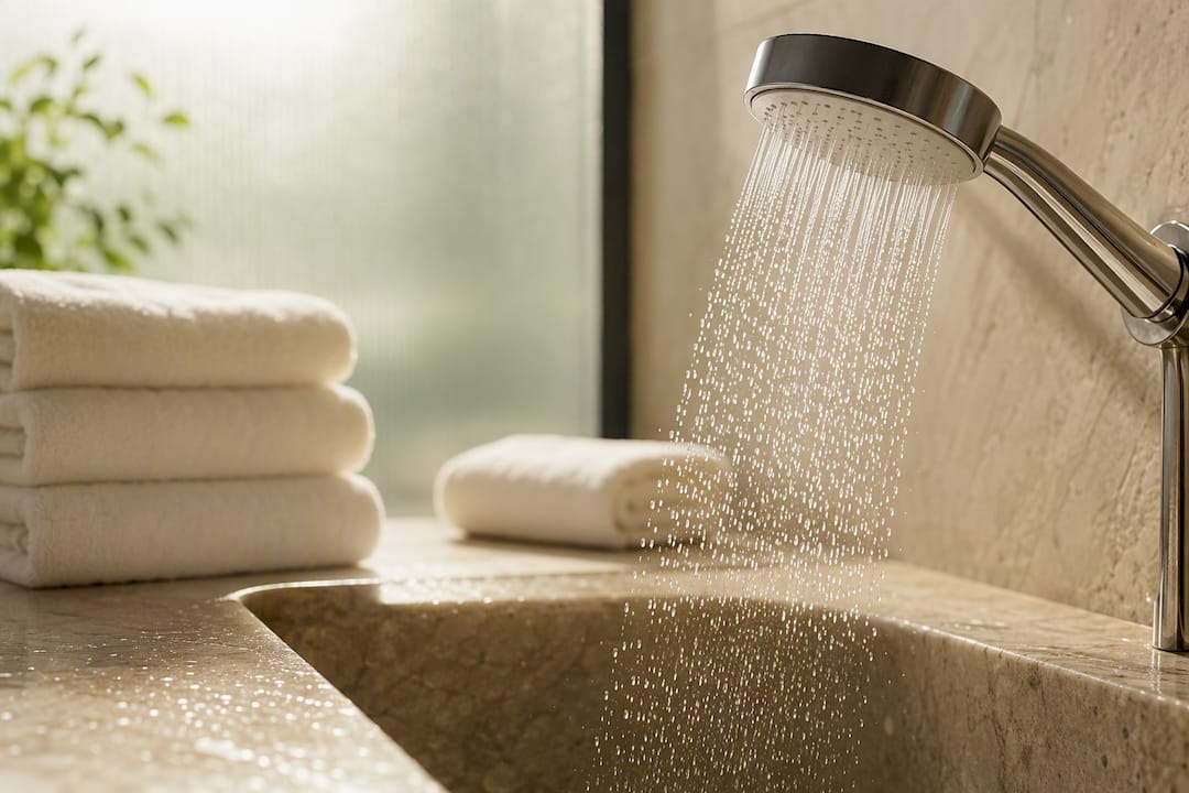 Waterbesparende douchekop in de hotelkamer