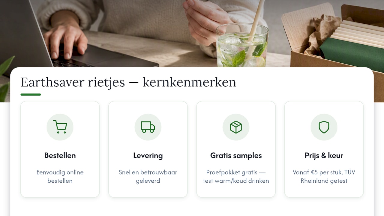 Kies je duurzame rietjes met dezelfde helderheid als een functionele drank die bijdraagt aan duurzaamheid in de horeca — overview diagram