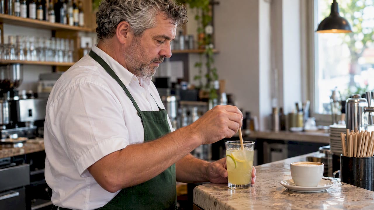 Plantaardig rietje in een citrusdrank naast een warme drank