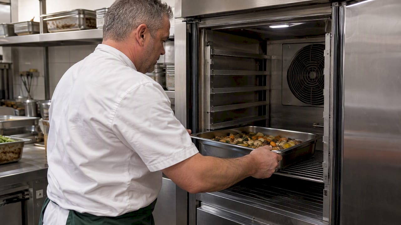 Kok zet een pan met warm eten in een snelkoeler