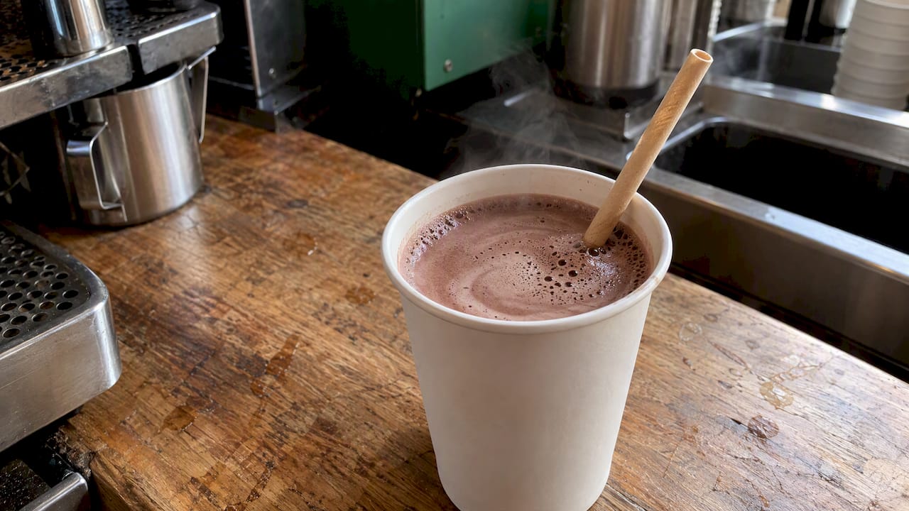 Warme chocolademelk met een stevig plantaardig rietje
