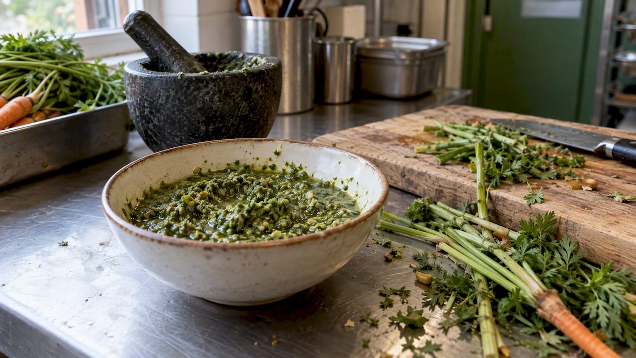 Pesto maken van wortelloof en verse groenteresten