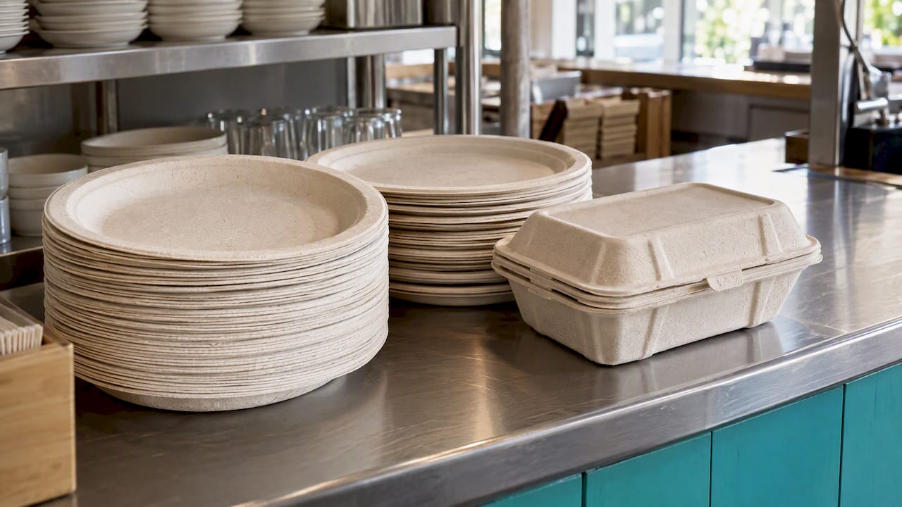 Borden en trays van bagasse op de horeca-balie